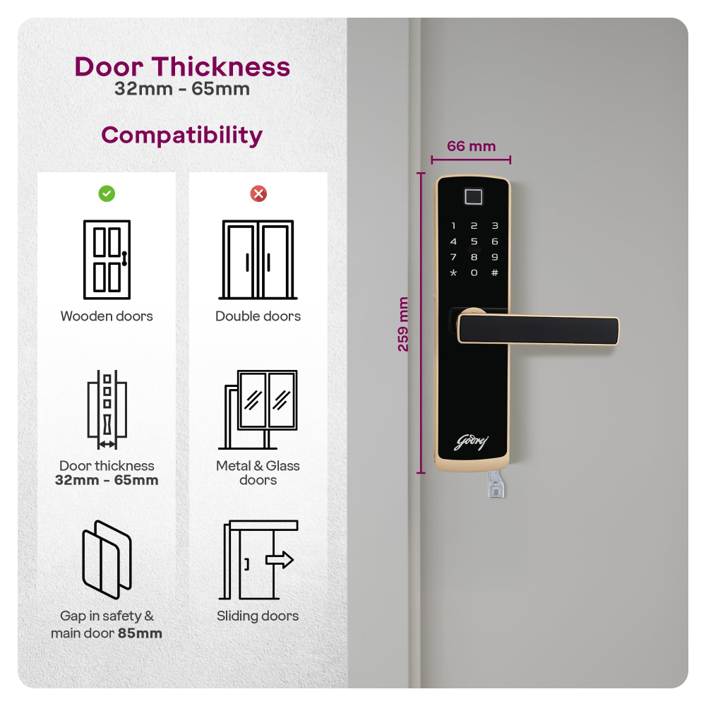 Godrej Locking Solutions and Systems Smart LocksICatus Touch PlusISmart Digital Lock for Wooden DoorI4 in 1 AccessI FingerprintIRfidIPin AccessIMechanical KeyIChampagne Gold Finish, Alloy Steel